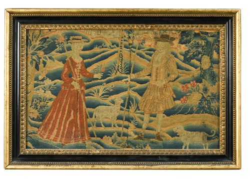 Lot 51 - A needlework fragment of a lady and gentleman, early-18th century