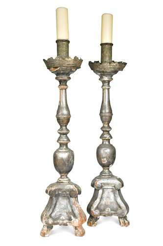 Lot 47 - A pair of silvered and gesso pricket candlesticks, 17th or 18th century