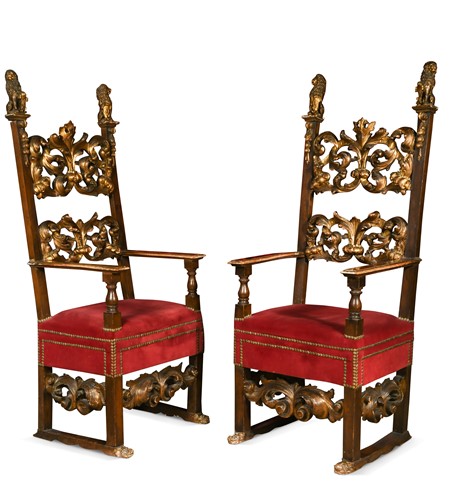 Lot 4 - A pair of parcel gilt and walnut 'Friar's chairs', 19th century