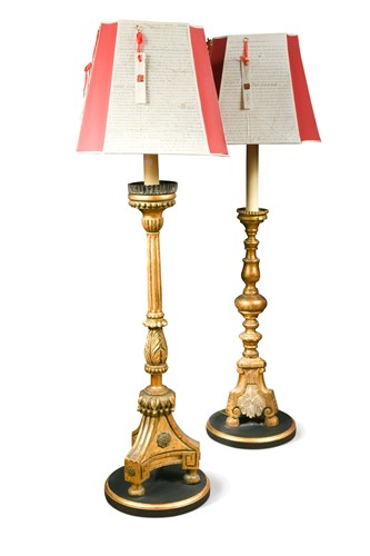 Lot 334 - A  composed pair of carved giltwood altar candlesticks converted to standard lamps, 19th century