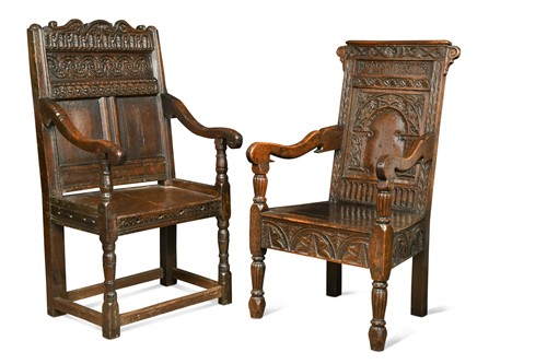 Lot 38 - An oak wainscot-type armchair, 17th century and later