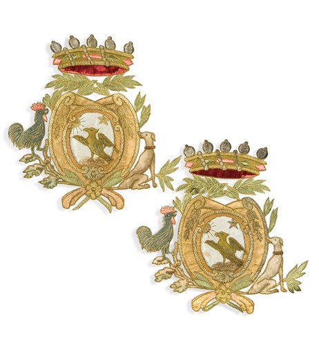 Lot 246 - A pair of French silk armorial panels, 18th century