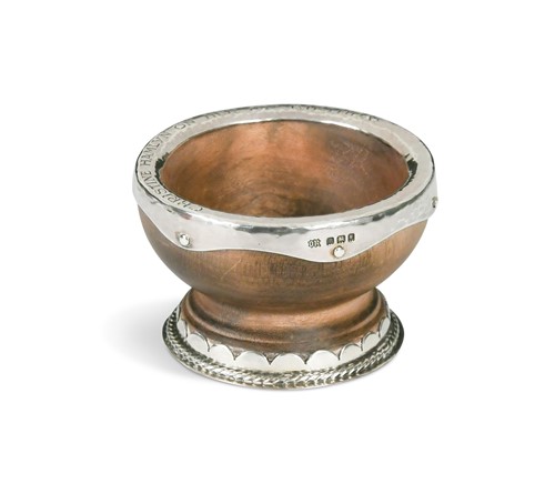 Lot 129 - Omar Ramsden, a sycamore and silver mounted open salt