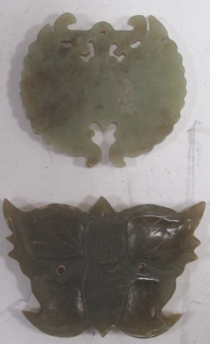 Lot 118 - Two antique Chinese carved jade butterfly...