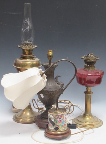 Lot 72 - Two Victorian brass oil lamps, together with a...