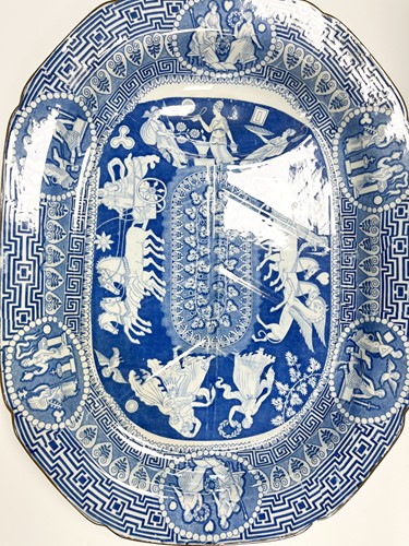 Lot 160 - A Herculaneum pottery blue and white Greek pattern meat plate, 19th century