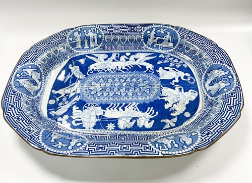 Lot 160 - A Herculaneum pottery blue and white Greek pattern meat plate, 19th century