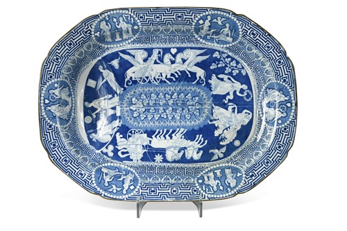 Lot 160 - A Herculaneum pottery blue and white Greek pattern meat plate, 19th century