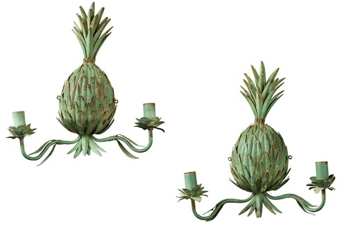 Lot 527 - A pair of green painted metal twin branch wall lights, late 20th century