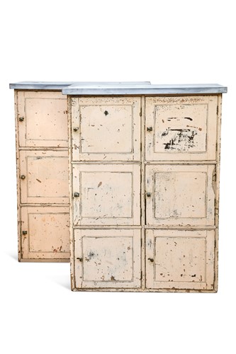 Lot 494 - A pair of painted pine zinc top cabinets, 20th century