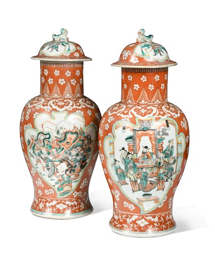 Lot 29 - A pair of Chinese porcelain famille verte vases and covers