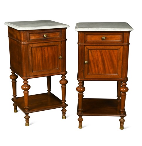 Lot 618 - A pair of French marble topped mahogany bedside cabinets, 20th century