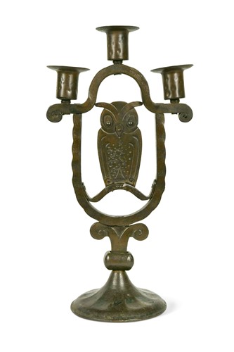 Lot 104 - Goberg (Hugo Berger), Vienna, a wrought iron three-branch owl candelabra