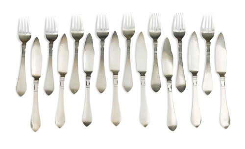 Lot 134 - Georg Jensen, a set of eight Danish metalwares Continental (Antik) pattern fish knives and forks