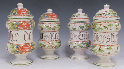 Lot 11 - Two pairs of continental faience albarellos,...