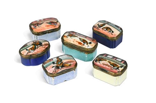 Lot 248 - A group of six enamel cockfighting snuff/pill boxes, 19th century