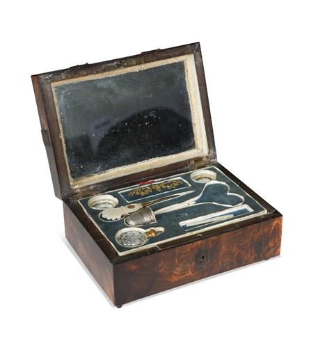 Lot 253 - A small mulberry sewing box, 19th century