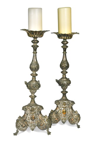 Lot 258 - A pair of Continental silver plated candlesticks, 19th century