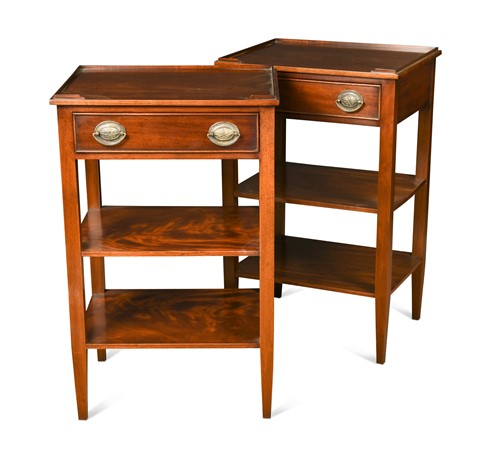 Lot 590 - A pair of George III style three-tier bedside tables, modern