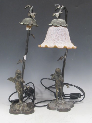 Lot 31 - A pair of modern bronze cherub table lamps,...