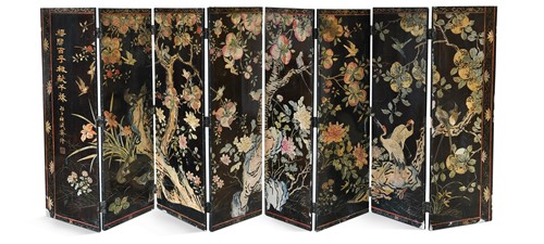 Lot 47 - An eight panel lacquered screen, Qing period