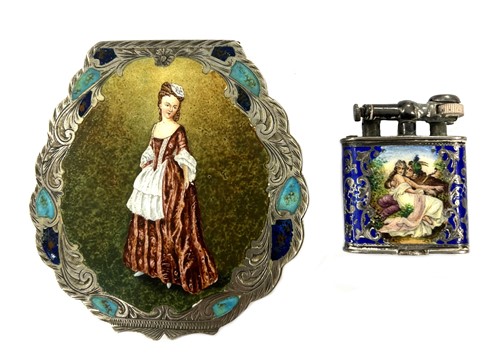 Lot 299 - An Italian metalwares silver and enamel powder compact, together with a cigarette lighter