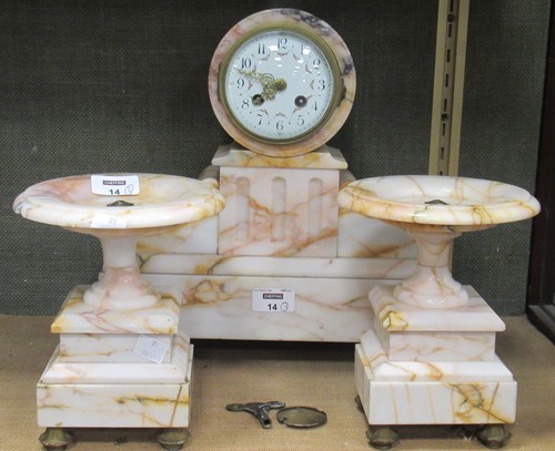 Lot 14 - A French clock garniture, comprising a painted...