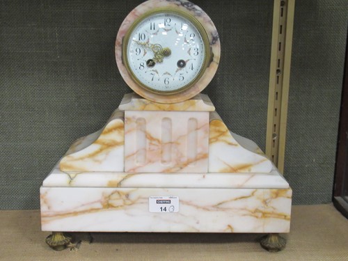 Lot 14 - A French clock garniture, comprising a painted...
