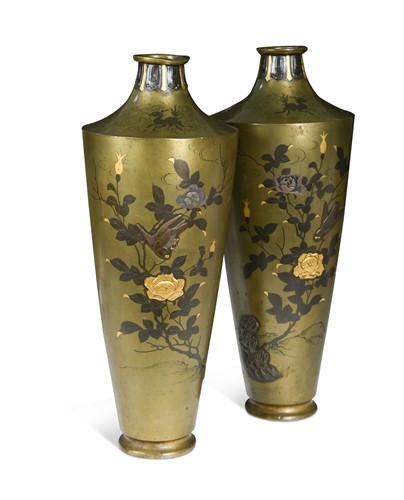 Lot 70 - A pair of Japanese bronze and metal inlaid vases, late meiji period