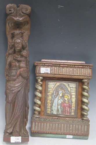 Lot 136 - Carved oak fragment of Virgin and Child in the...