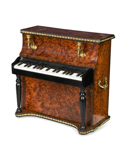 Lot 250 - A burr-yew Palais Royal necessaire modelled as an upright-piano musical box, 19th century