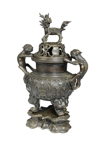 Lot 48 - A Chinese bronze two-handled censor and cover, Qing Dynasty, 19th century