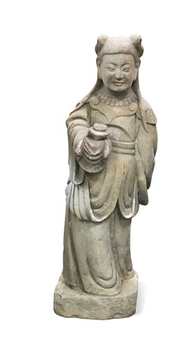 Lot 24 - A Chinese carved stone large standing figure of a maiden, perhaps Guanyin, late Qing Dynasty