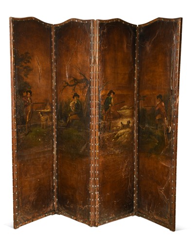 Lot 95 - A four-fold leather screen, 19th century