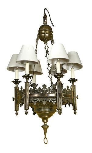 Lot 135 - A Puginesque bronze six lamp hanging ceiling light, early 20th century