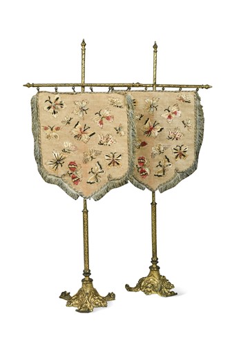 Lot 138 - A pair of tapestry and 'gilt' metal table screens, late 19th century