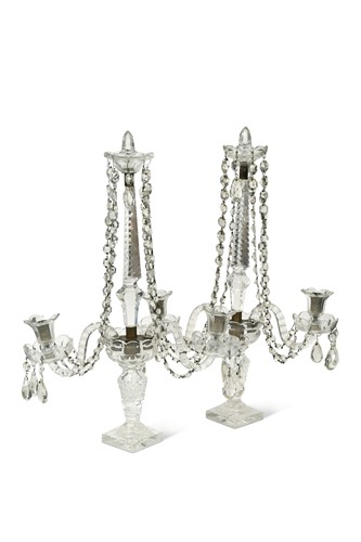 Lot 156 - A pair of cut-glass twin-branch centrepieces, 19th century