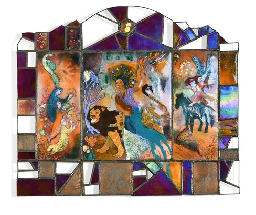 Lot 170 - Icon for the Black Madonna, a leaded enamelled, glass and copper triptych panel