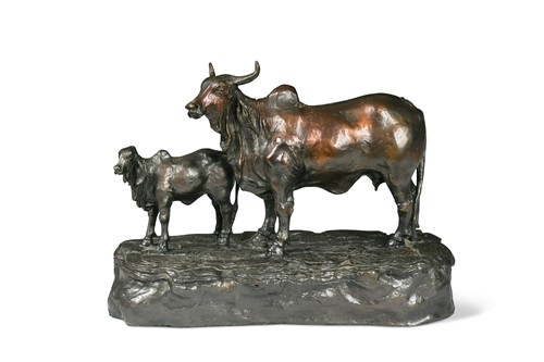 Lot 69 - Eddie Hackman (Australian, b. 1933), a bronze model of an Indian cow and calf