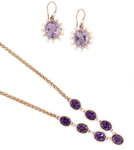 Lot 87 - A 9ct gold amethyst necklace, together with a pair of amethyst ear pendants