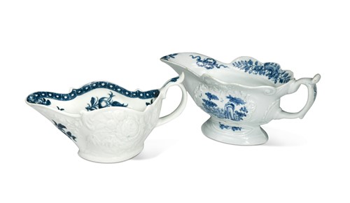 Lot 133 - A Worcester blue and white silver shaped sauceboat, circa 1754