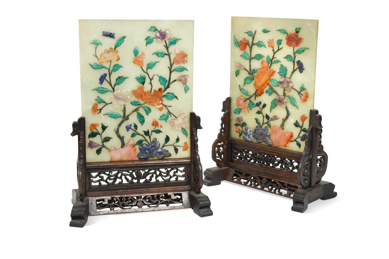 Lot 218 - A pair of Chinese hardstone inlaid jade table screens, late Qing Dynasty