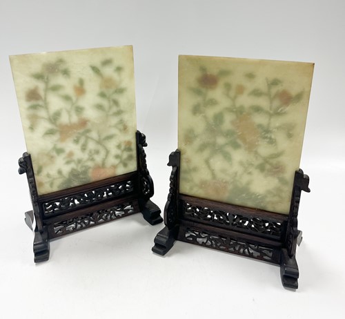 Lot 218 - A pair of Chinese hardstone inlaid jade table screens, late Qing Dynasty