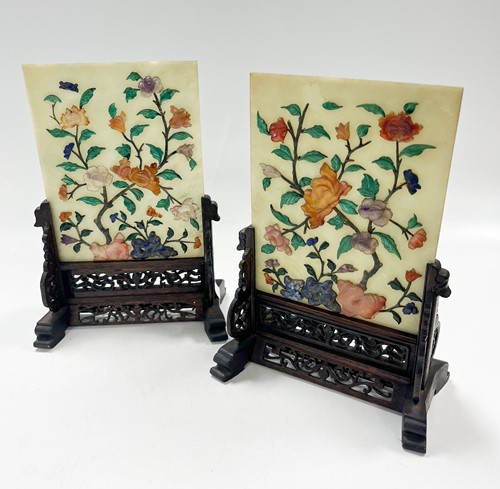 Lot 218 - A pair of Chinese hardstone inlaid jade table screens, late Qing Dynasty