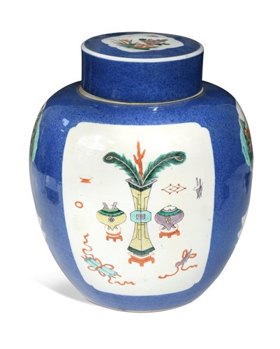 Lot 35 - A Chinese famille verte porcelain ginger jar and cover, Qing Dynasty, 19th century