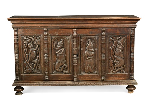 Lot 490 - An oak two door hall cupboard, 19th century incorporating earlier panels