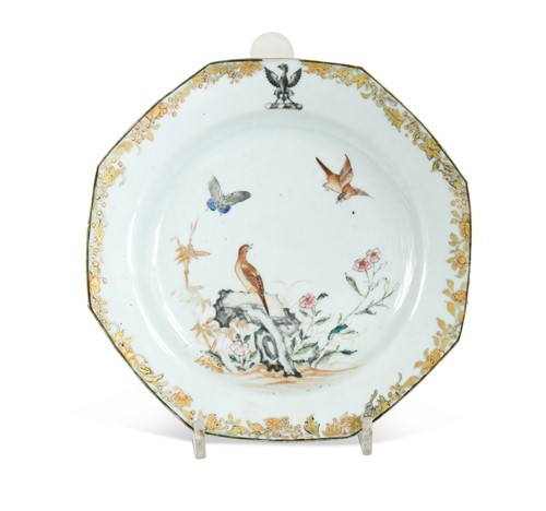 Lot 22 - A Chinese famille rose crested octagonal porcelain dinner plate, Chen Lung, circa 1750