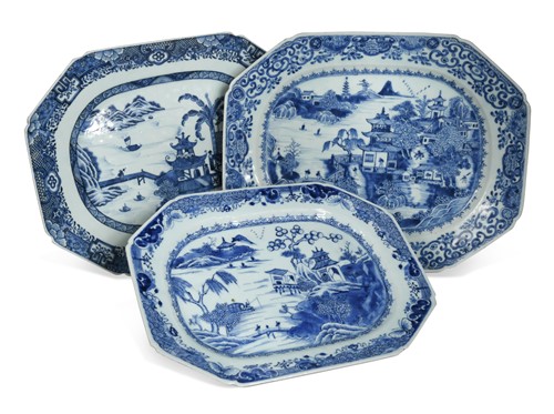 Lot 15 - Three Chinese export blue and white canted rectangular porcelain meat plates, Chen Lung, circa 1770