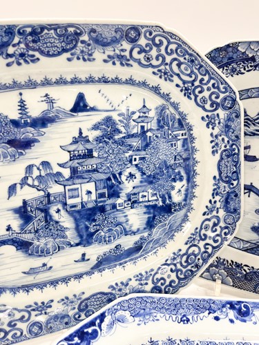 Lot 15 - Three Chinese export blue and white canted rectangular porcelain meat plates, Chen Lung, circa 1770