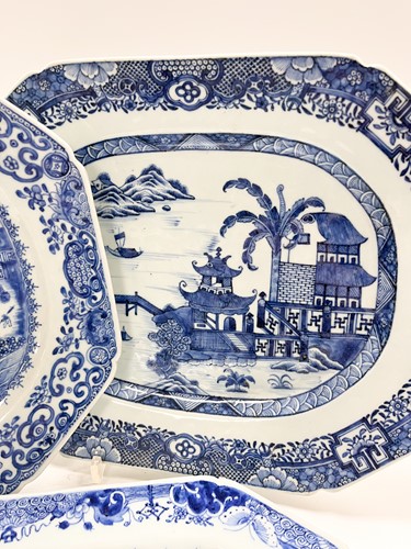 Lot 15 - Three Chinese export blue and white canted rectangular porcelain meat plates, Chen Lung, circa 1770